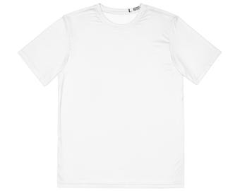 May include: A plain white short-sleeved t-shirt with a crew neckline. The garment features a small interior neck label displaying the letter L, indicating the size, along with additional small printed text details on the fabric tag.