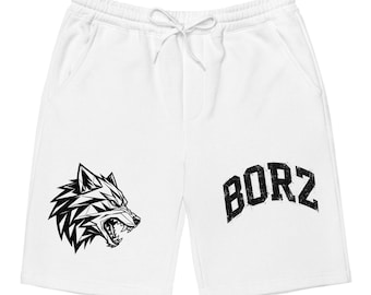 May include: White shorts with an elastic waistband and a drawstring. The left leg features a black geometric wolf head graphic, while the right leg displays the text BORZ in a distressed black arched font.