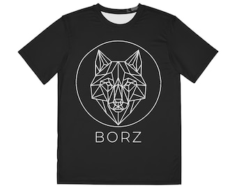 May include: A black short-sleeve t-shirt featuring a white geometric wolf head illustration enclosed within a circle. Below the circular graphic, the word BORZ is printed in a clean, white, sans-serif font centered on the chest.