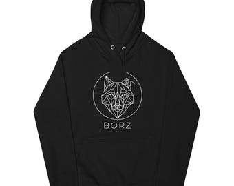 May include: A black hooded sweatshirt featuring a white geometric wolf head graphic enclosed in a thin circle. Below the wolf design, the word BORZ is printed in a clean, sans-serif white font. The hoodie includes a front kangaroo pocket.