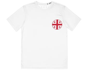 May include: A white short-sleeved t-shirt featuring a circular emblem on the left chest. The emblem displays a red cross on a white background with four smaller red crosses in each quadrant, representing the national flag of Georgia.