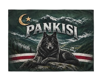 May include: A rectangular tapestry featuring a black wolf resting on a rock in the foreground. The background displays a mountain range, forest, and a river. The text PANKISI is centered above the wolf with a gold crescent moon and star.