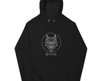 May include: A black hooded sweatshirt featuring a white geometric wolf head graphic enclosed in a thin white circle. Below the circular design, the word BORZ is printed in a clean, white, sans-serif font. The hoodie includes a front pocket.