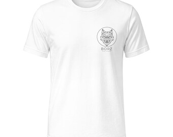 May include: A white short-sleeve t-shirt featuring a black geometric wolf head graphic enclosed in a circle on the left chest. Below the circle, the text reads BORZ in a clean, sans-serif font, followed by smaller text underneath.