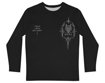 May include: A black long-sleeve shirt featuring a white geometric wolf head graphic inside an ornate frame with the text BORZ below it. To the left, the text reads Not just a brand but a mindset with a small star symbol underneath.