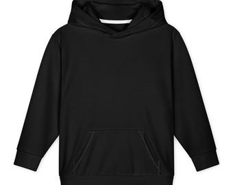 May include: A solid black long-sleeve hooded sweatshirt featuring a front kangaroo pocket, a matching hood with a white inner lining detail, and ribbed cuffs at the sleeves and hem, providing a clean and uniform appearance throughout.