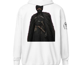 May include: A white hoodie featuring a large graphic print on the back. The print depicts a figure in traditional black attire, including a fur hat, a mask, a shaggy cloak, and a chest harness with cartridges. The word BORZ is printed on the chest.