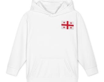 May include: A white hooded sweatshirt featuring a small, rectangular graphic of the national flag of Georgia on the upper left chest. The hoodie includes a front kangaroo pocket, long sleeves, and a hood with a drawstring-free neckline.