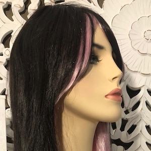 YUKIO Cosplay Wig * Deadpool * Long, soft wig with black on top, and pink underneath.