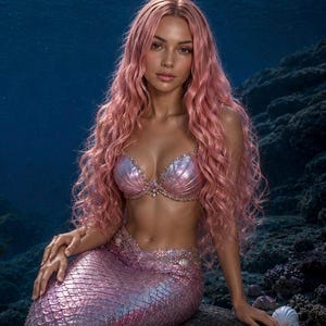 May include: A mermaid with long, pink wavy hair and a matching seashell-style top and shimmering tail. She sits on a rock in an underwater setting, with a starfish and coral visible.