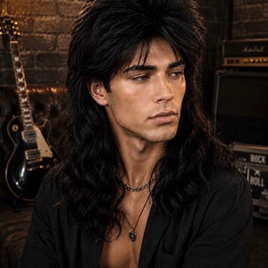 Glam Rocker - Long black mullet wig with wavy ends * men's wig * Ready to Ship *