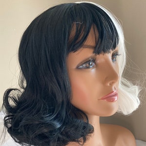 CRUELLA De Vil Short Style Wig So soft, black & white wavy wig with bangs READY to SHIP image 2