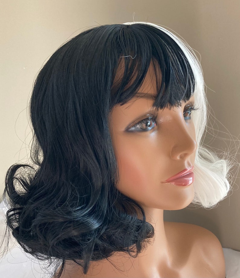 CRUELLA De Vil Short Style Wig So soft, black & white wavy wig with bangs READY to SHIP image 2