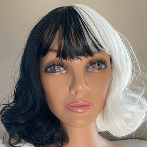 CRUELLA De Vil Short Style Wig So soft, black & white wavy wig with bangs READY to SHIP image 4