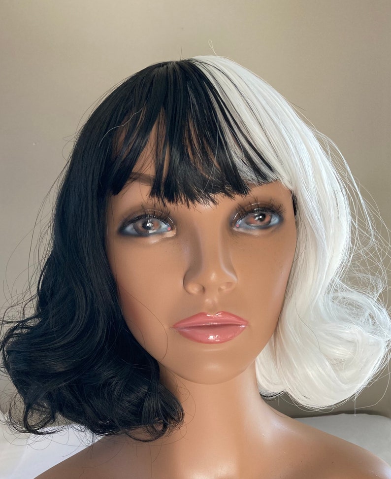 CRUELLA De Vil Short Style Wig So soft, black & white wavy wig with bangs READY to SHIP image 4