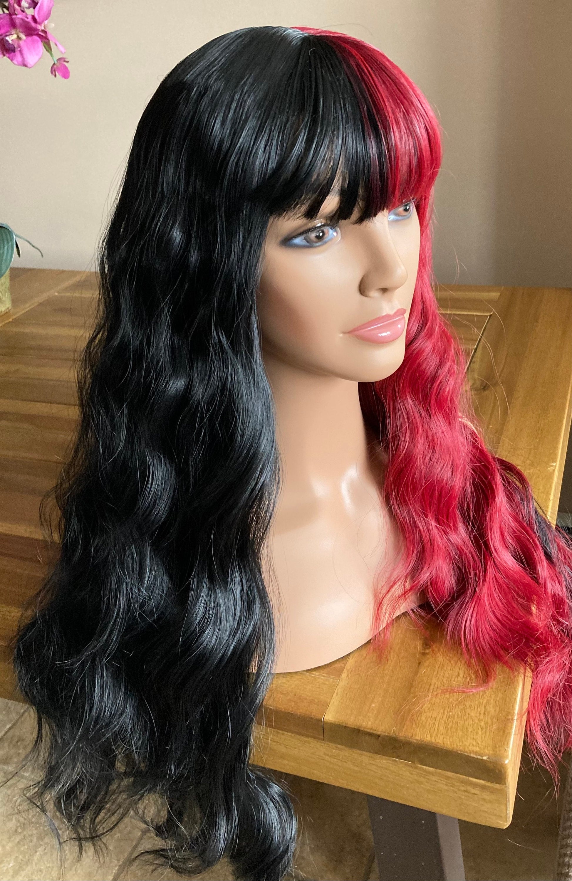 Harley Quinn Cosplay Wig Long Wavy Black & Red Wig With - Etsy