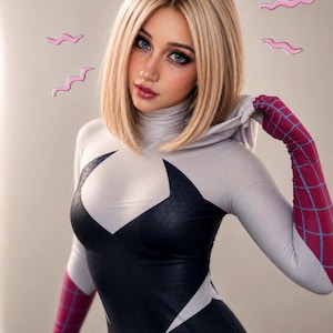 Peut inclure: Une personne porte un costume de cosplay Spider-Gwen. La combinaison blanche et noire a un motif de toile d'araign&eacute;e sur les bras. La personne a les cheveux blonds et les yeux bleus. Des formes roses ondul&eacute;es flottent en arri&egrave;re-plan.