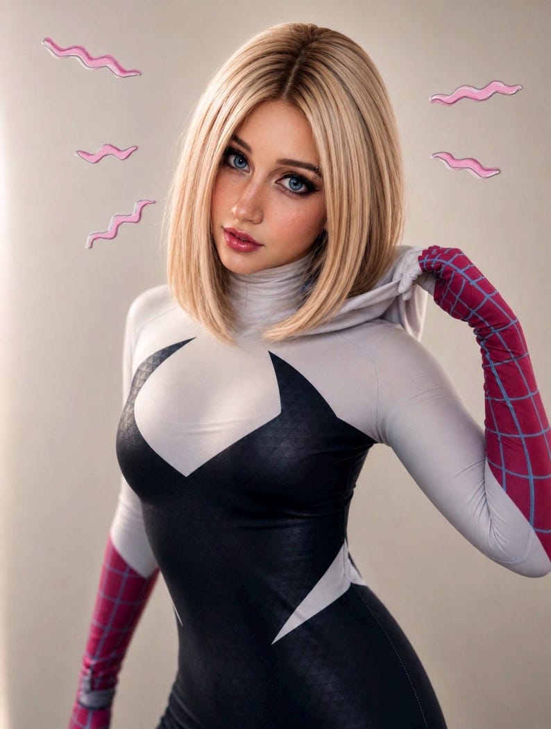 Peut inclure: Une personne porte un costume de cosplay Spider-Gwen. La combinaison blanche et noire a un motif de toile d'araign&eacute;e sur les bras. La personne a les cheveux blonds et les yeux bleus. Des formes roses ondul&eacute;es flottent en arri&egrave;re-plan.