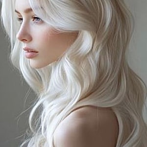 Puede incluir: Perfil lateral de una persona con cabello largo y ondulado de color rubio platino. El cabello cae en cascada sobre los hombros y la espalda. La persona tiene piel clara, ojos azules y una expresión neutra. El fondo es de color neutro.