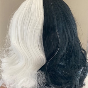 CRUELLA De Vil Short Style Wig So soft, black & white wavy wig with bangs READY to SHIP image 5