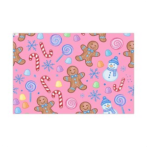 Pink Christmas Wrapping Paper — Kids Crayon Gingerbread, Lollipop & Candy Cane Pattern Gift Wrap, Candy Land Holiday Paper