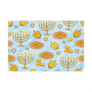 Hanukkah Wrapping Paper — Kids Crayon Menorah & Dreidel Pattern Gift Wrap, Blue and Gold Holiday Paper