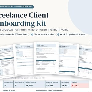 May include: A digital freelance client onboarding kit featuring five editable Word and PDF templates, a client and invoice tracker, and compatibility with Word, Google Docs, and Sheets. The documents include project forms, welcome letters, and a financial dashboard.