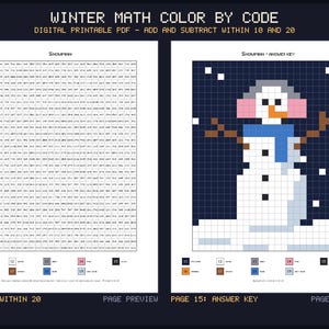 Winter Math Color by Code, Add and Subtract within 10 and 20, 10 Pixel Art Pictures, Answer Keys, US Letter and A4