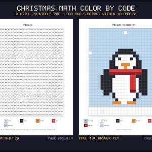 Christmas Math Color by Code, Add and Subtract within 10 and 20, 10 Pixel Art Pictures, Answer Keys, US Letter and A4
