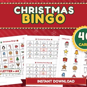 Christmas Games for Kids, Picture Bingo for Preschool and Non Readers, 20 Kids Cards Plus 20 Party Bingo Cards, Printable PDF