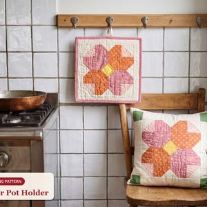 Padrão de bloco de patchwork floral: suporte para panelas em patchwork com alça para pendurar e mini almofada de 30 cm, apenas quadrados de 6,35 cm (PDF)