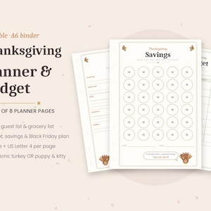 Puede incluir: Un conjunto de 8 páginas imprimibles para archivador A6, Planificador y Presupuesto de Acción de Gracias. Las páginas incluyen el texto Thanksgiving Savings, una cuadrícula de círculos con el número 10 y una ilustración de pavo. Incluye listas de menú y compras.