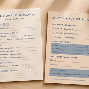 May include: Two cream-colored paper study planner sheets with dark blue text. The left sheet is titled ADHD STUDENT STUDY PLANNER and includes sections for focus, energy, mood, tasks, and breaks. The right sheet is titled STUDY BLOCKS & REFLECTION.