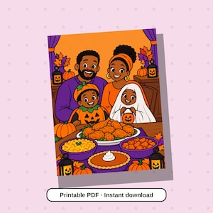 以下が含まれることがあります： ハロウィーンを食卓で祝う家族のデジタルイラスト。紫のセーターを着た親、オレンジのトップスを着た親、カボチャの衣装を着た子供、カボチャのバケツを持ったお化けの衣装を着た子供が描かれています。食卓にはフライドチキン、マカロニ、パイ、カボチャが並んでいます。
