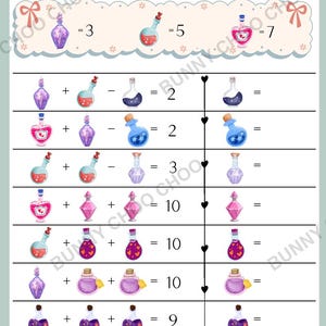 Può includere: Una scheda didattica di matematica intitolata ADDITION & SUBTRACTION con illustrazioni di boccette di pozioni colorate. La pagina include righe di equazioni con varie boccette e numeri per risolvere semplici problemi di aritmetica.