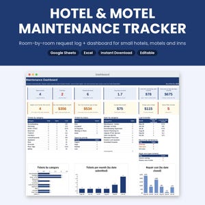 Hotel and Motel Maintenance Tracker for Google Sheets & Excel, Room Repair Work Order Log