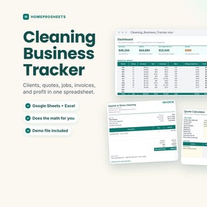 Cleaning Business Spreadsheet, Client Tracker, Quote Calculator and Invoice, Google Sheets & Excel Template