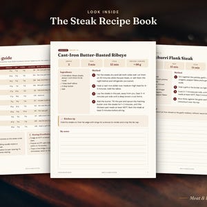 May include: The Steak Recipe Book features three open pages with a steak cuts guide, a Cast-Iron Butter-Basted Ribeye recipe, and a Chimichurri Flank Steak recipe. The pages include ingredient lists, cooking methods, and notes.
