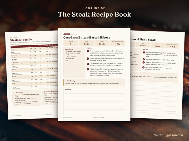 May include: The Steak Recipe Book features three open pages with a steak cuts guide, a Cast-Iron Butter-Basted Ribeye recipe, and a Chimichurri Flank Steak recipe. The pages include ingredient lists, cooking methods, and notes.