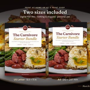 May include: A digital printable starter bundle titled The Carnivore Starter Bundle, featuring two document sizes: 8.5 by 11 inches and A4. The design includes a logo with the letters M&E, text descriptions, and a background image of a meal.