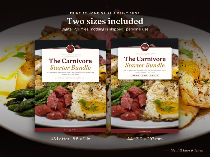 May include: A digital printable starter bundle titled The Carnivore Starter Bundle, featuring two document sizes: 8.5 by 11 inches and A4. The design includes a logo with the letters M&E, text descriptions, and a background image of a meal.