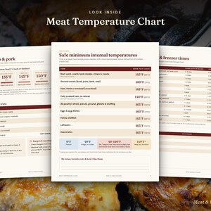 May include: A three-page meat temperature chart printed on white paper. The charts feature dark red and beige headers with text detailing safe minimum internal temperatures for beef, lamb, pork, poultry, and eggs, plus freezer storage times.