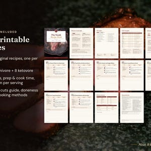May include: A digital steak recipe book featuring 28 printable pages, including 20 original recipes, a steak cuts guide, doneness charts, and 4 cooking methods. The text includes "What's Included", "28 printable pages", and "The Steak Recipe Book".
