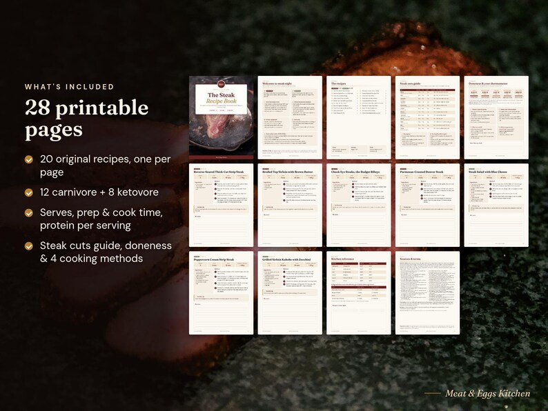 May include: A digital steak recipe book featuring 28 printable pages, including 20 original recipes, a steak cuts guide, doneness charts, and 4 cooking methods. The text includes "What's Included", "28 printable pages", and "The Steak Recipe Book".