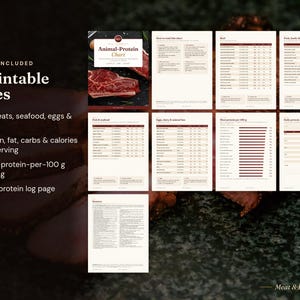 May include: A set of 9 printable pages titled Animal-Protein Chart, featuring data on 58 meats, seafood, eggs, and dairy. The pages include protein, fat, carb, and calorie counts per serving, a protein-per-100g ranking, and a daily protein log.