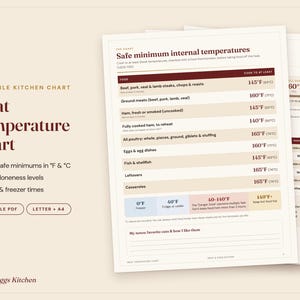 Meat Temperature Chart Printable, Steak Doneness Chart, USDA Safe Cooking Temperatures, Kitchen Conversion Chart, Fridge Card PDF image 1