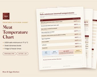 Meat Temperature Chart Printable, Steak Doneness Chart, USDA Safe Cooking Temperatures, Kitchen Conversion Chart, Fridge Card PDF