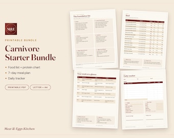 Carnivore Diet Starter Bundle, Carnivore Food List, Protein Chart, 7 Day Meal Plan and Daily Tracker, Printable PDF Bundle