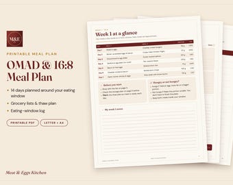 OMAD Meal Plan Printable, 16:8 Intermittent Fasting Meal Plan, One Meal a Day Carnivore Keto Menu, 14 Day Eating Window Planner PDF