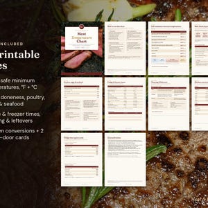May include: A set of 10 printable pages titled Meat Temperature Chart, featuring USDA safe minimum temperatures in Fahrenheit and Celsius, steak doneness, poultry, eggs, seafood, fridge and freezer storage times, thawing, leftovers, and kitchen conversions.